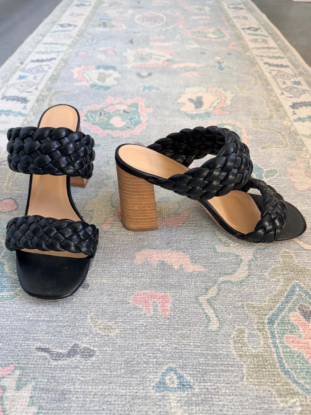 Black Braided Leather Block Heel Sandals - Women